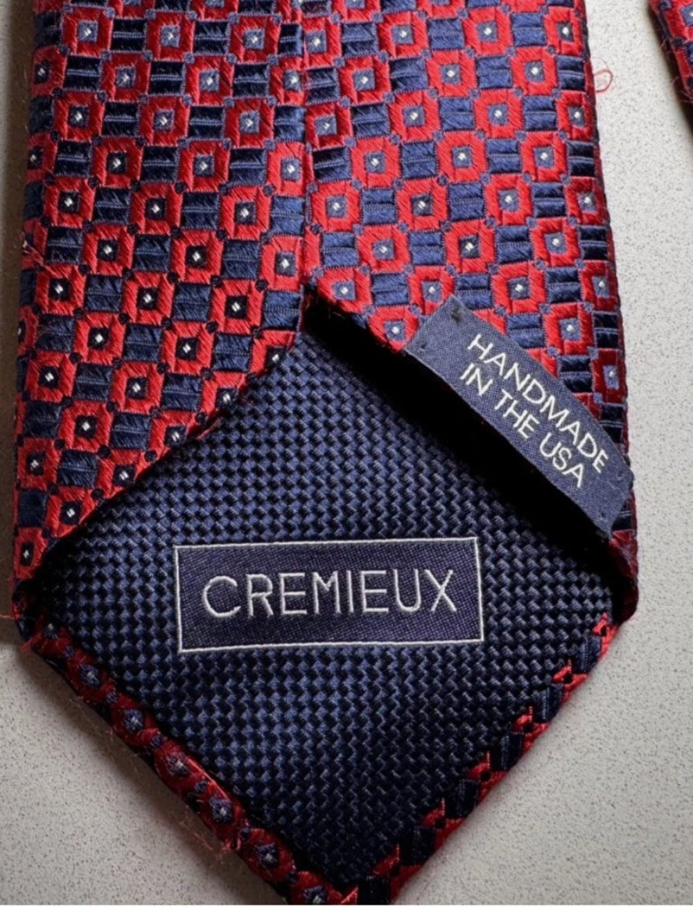 Cremieux Red Blue White Geometric Print Tie 100% Silk